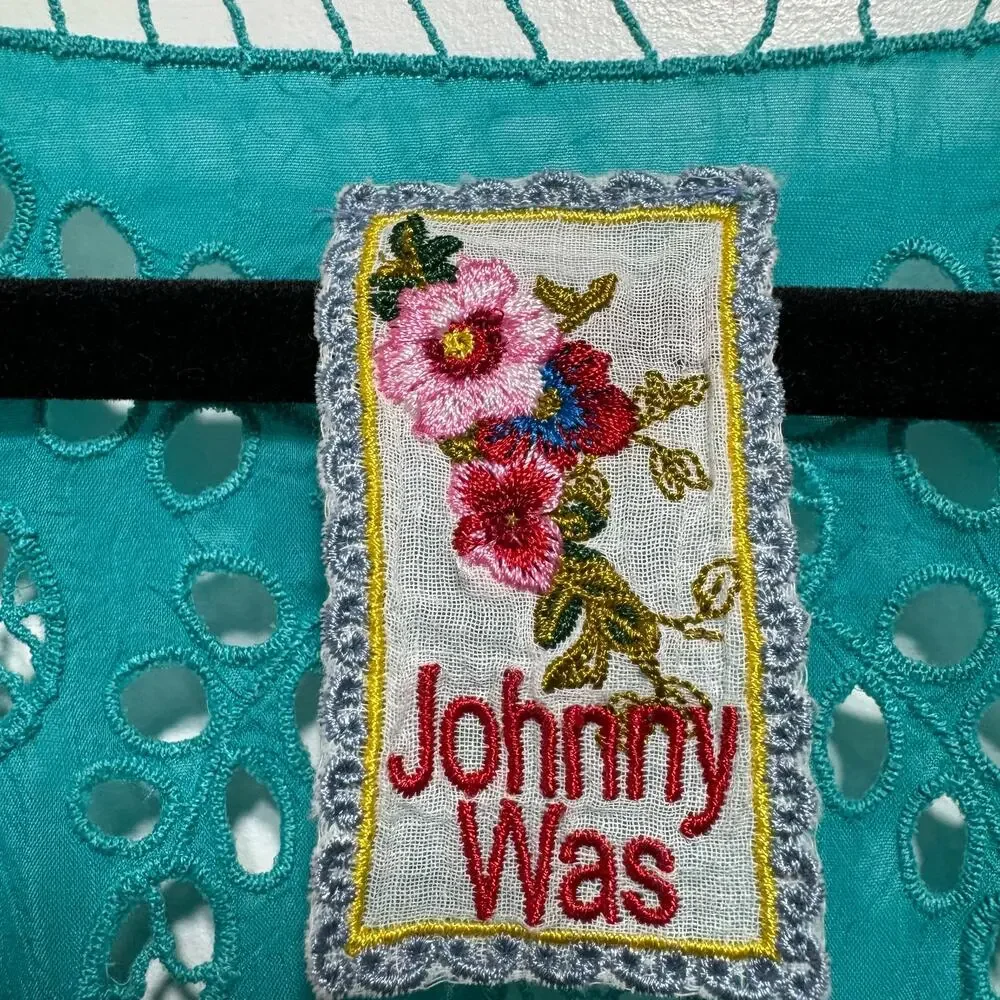 Johnny Was Teal Cupra Rayon Embroidered Cinch Waist Tunic Top Size S 3/4 Sleeve